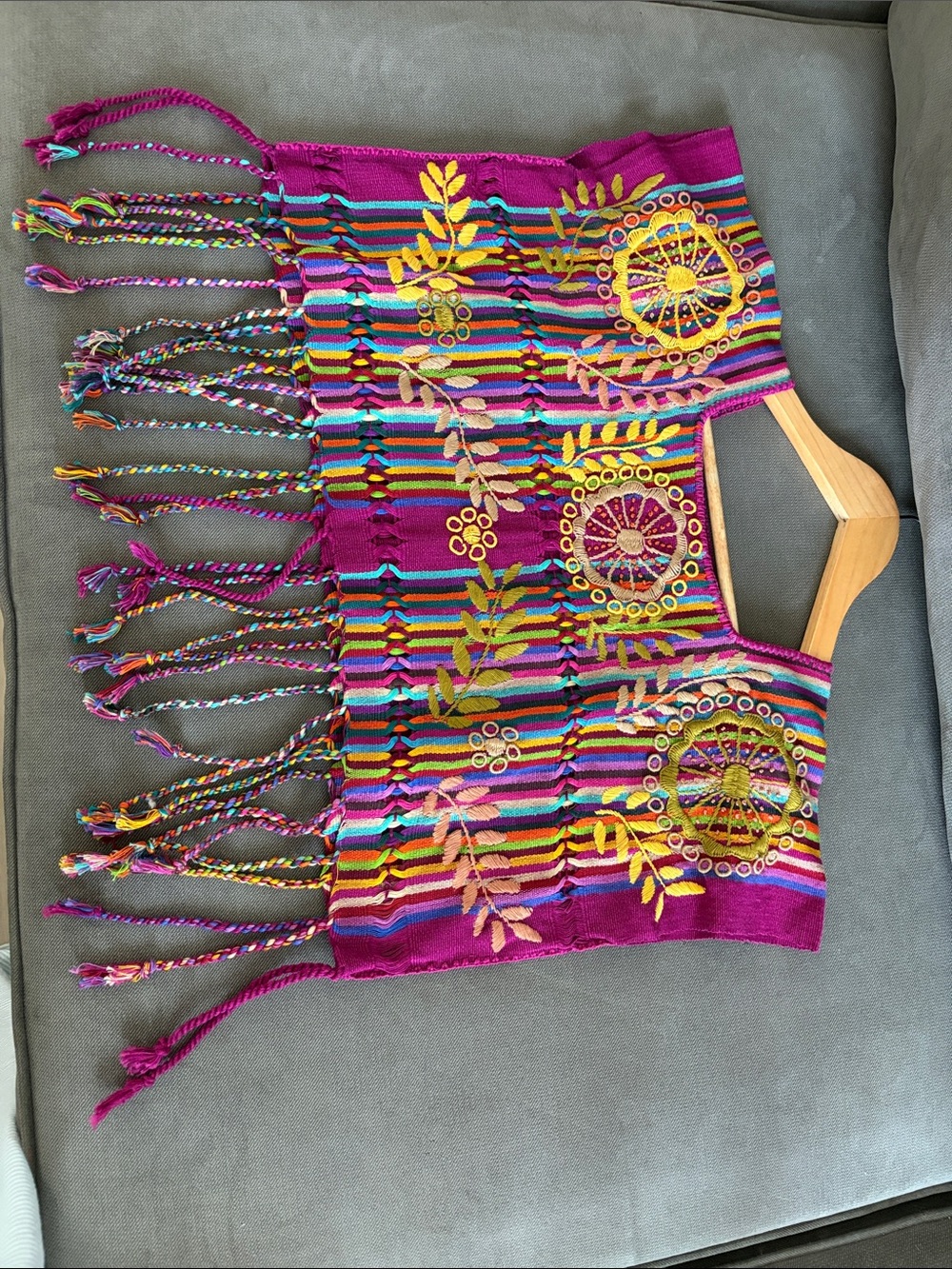 Embroidered Fuchsia Cropped Fringe Top